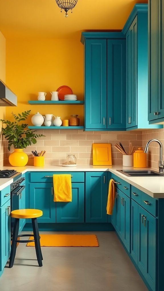 A bright kitchen featuring mustard yellow walls and teal cabinets with contrasting decor.