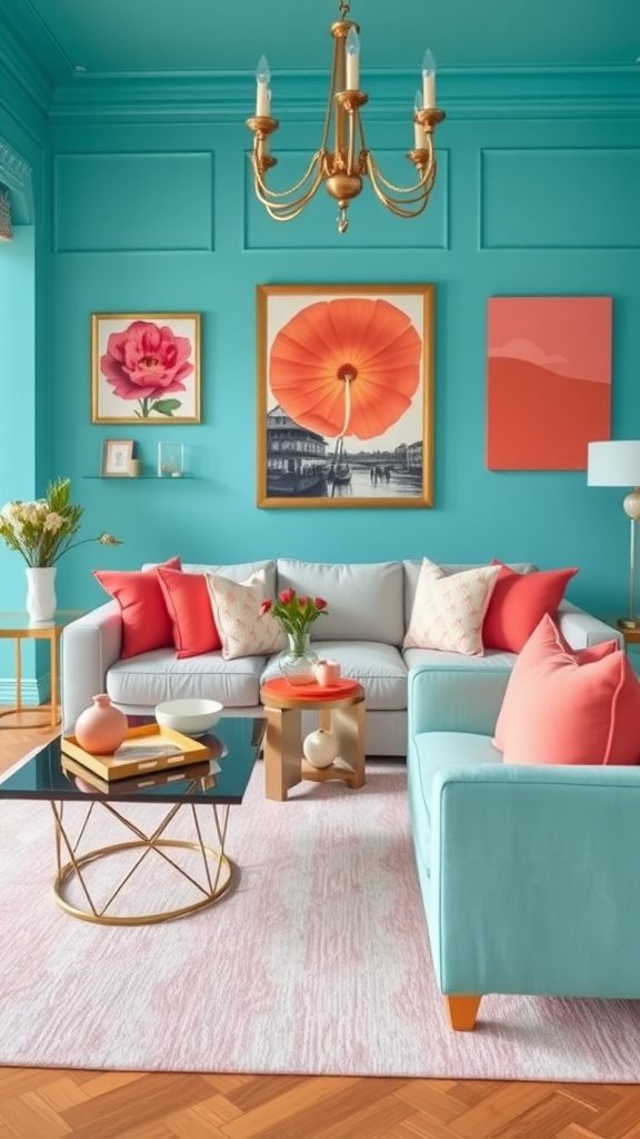 A living room with turquoise walls and coral accents, featuring a stylish sofa and decorative art.