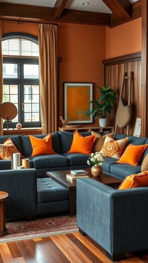 Living room with burnt orange walls and charcoal gray furniture.