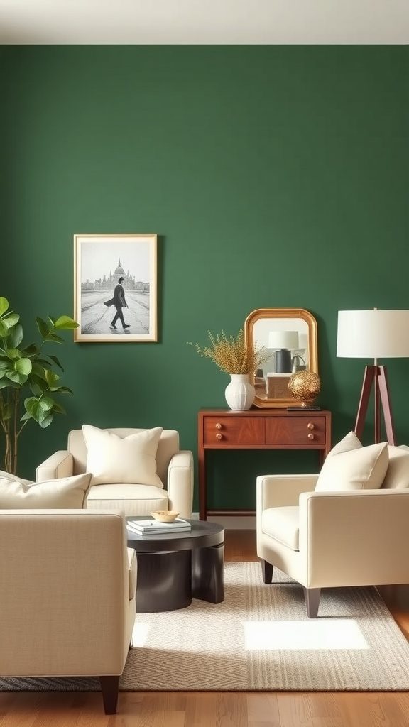 Living room featuring hunter green walls and creamy beige furniture for a cozy decor.