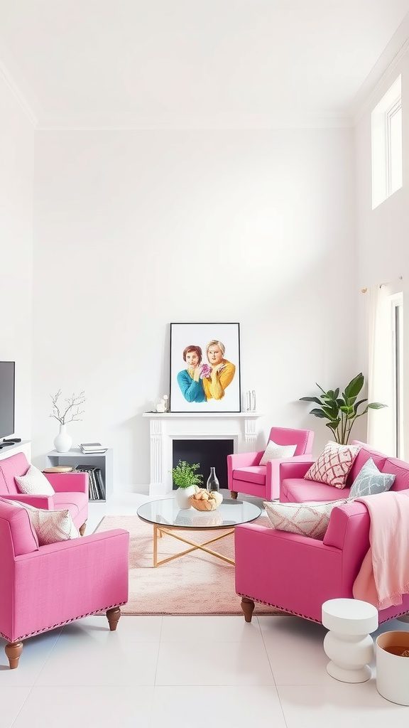 A bright living room featuring pink furniture and white walls, showcasing a cheerful and modern aesthetic.