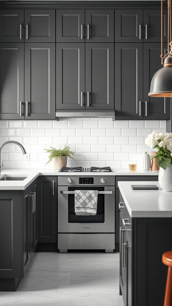 A modern kitchen featuring charcoal gray cabinetry and crisp white subway tiles.