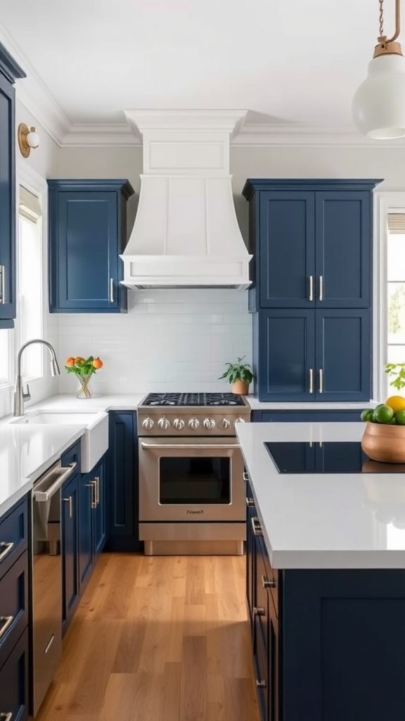 A modern kitchen featuring navy blue cabinets and white countertops with a stainless steel stove and warm wood flooring.