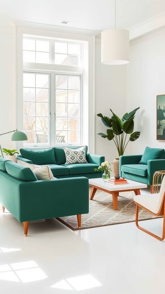 Bright living room featuring hunter green furniture and white walls