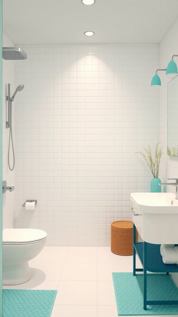 A bright bathroom featuring turquoise accents against a white tiled background.