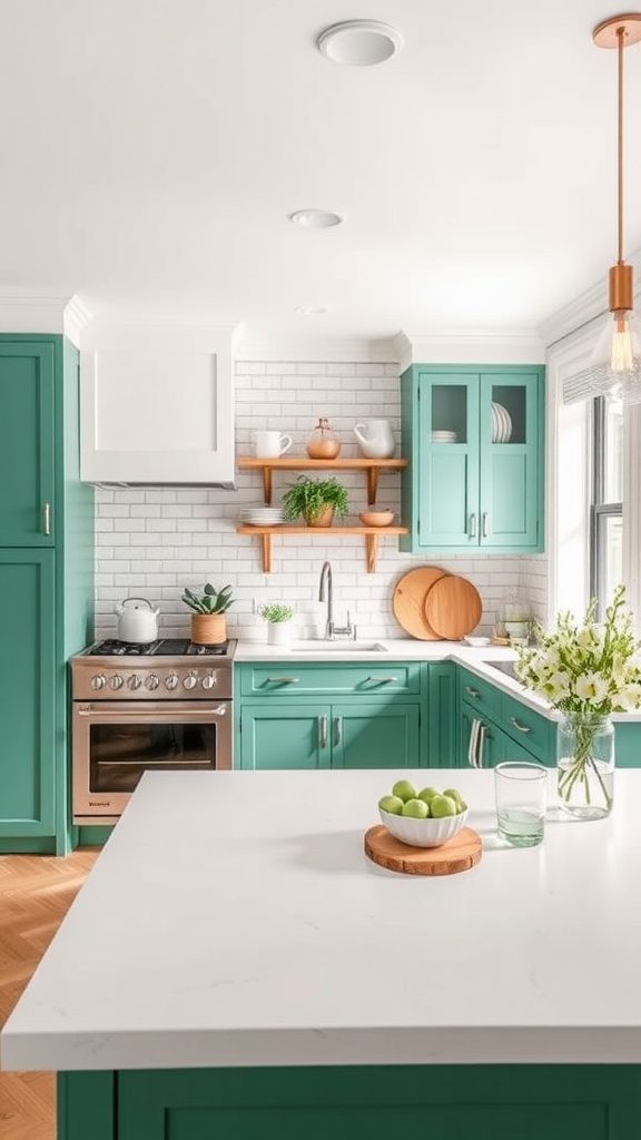 A modern kitchen featuring emerald green cabinets and white countertops.