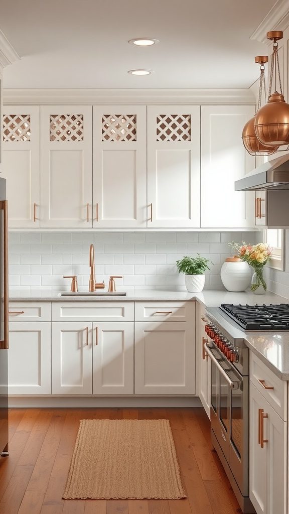 A modern kitchen featuring white cabinets with lattice designs and rose gold fixtures