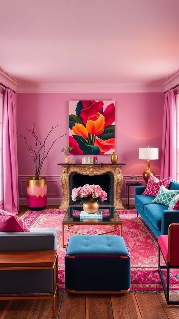 Living room featuring rose gold and fuchsia decor elements.
