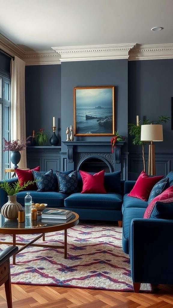 Living room featuring navy blue furniture with deep burgundy accents.