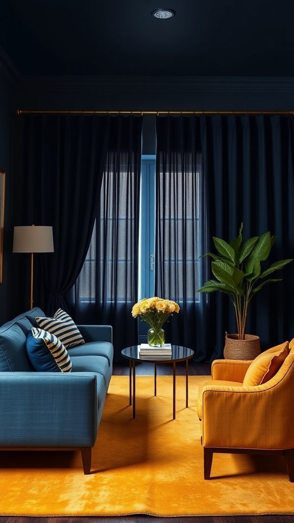 A living room featuring deep indigo curtains and mustard yellow accents.