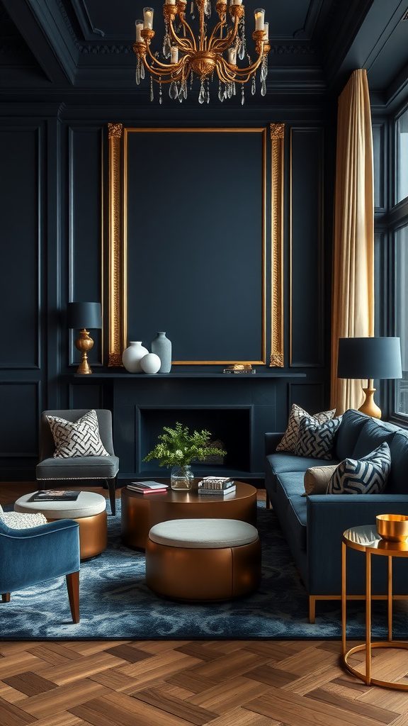A stylish living room featuring deep navy blue walls, gold accents, and elegant furnishings.