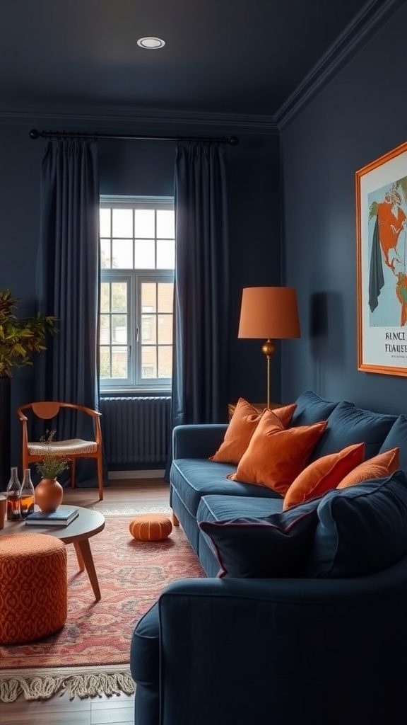 A living room featuring deep navy blue walls and burnt orange accents.
