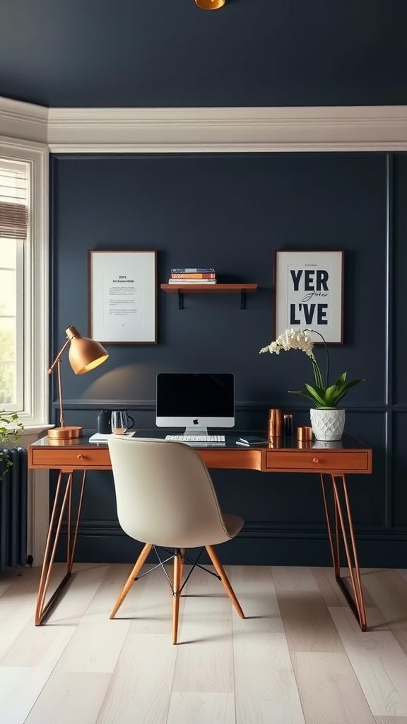 A stylish home office featuring a deep navy blue wall with copper-colored furniture and decor.