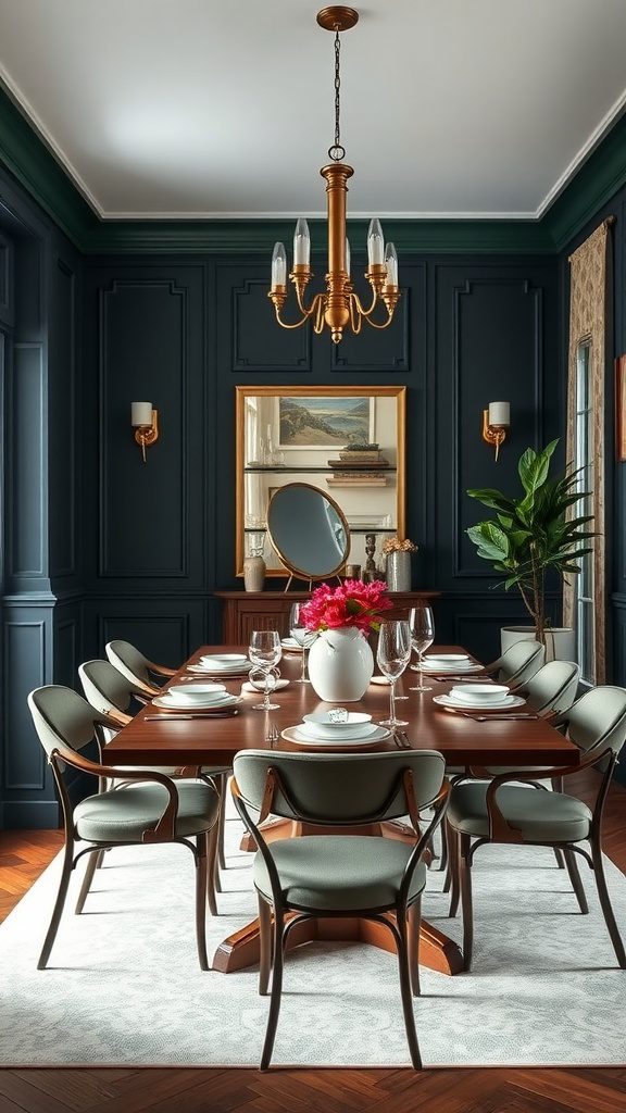 A sophisticated dining room featuring deep navy walls and a hunter green plant.