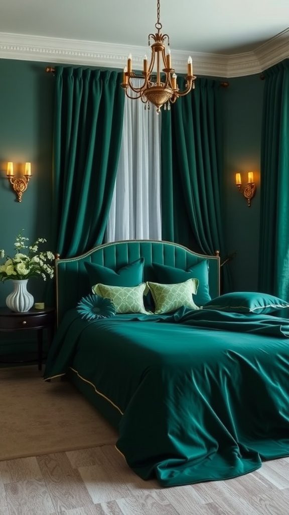 A stylish bedroom with deep navy and forest green decor, featuring elegant bedding and curtains.