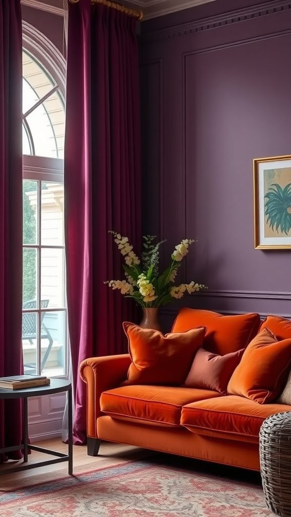 A cozy living room featuring burnt orange furniture and deep plum curtains, creating a warm atmosphere.