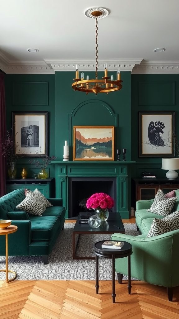 Living room featuring emerald green decor with deep plum accents.