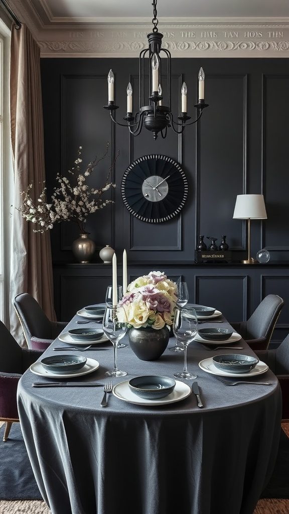 A stylish dining area featuring charcoal gray decor with deep plum highlights.