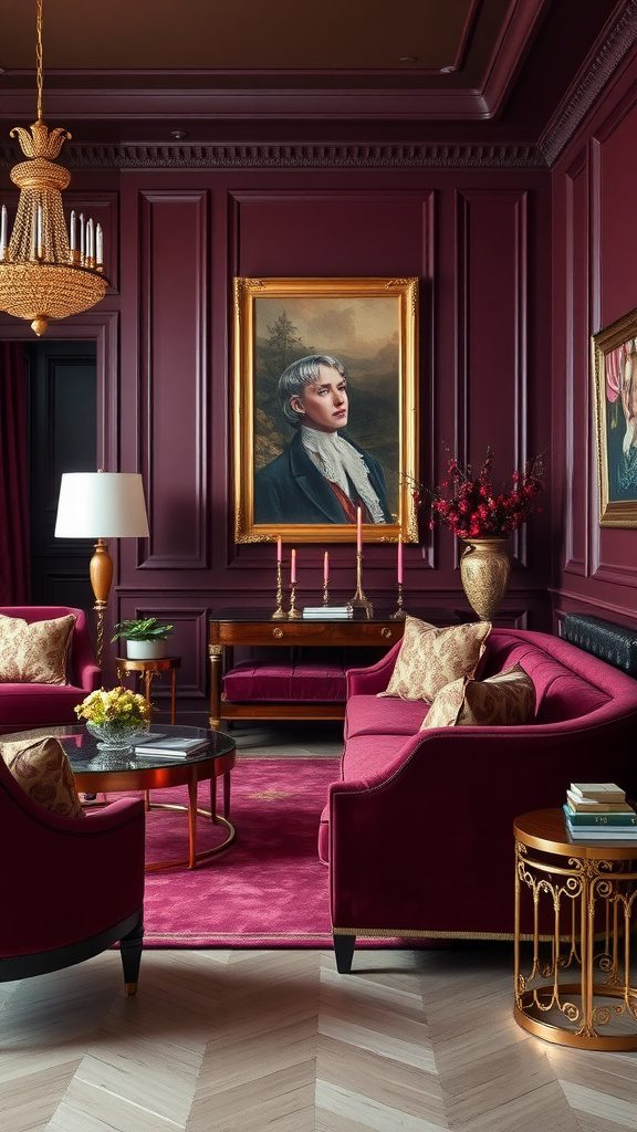 A cozy living room with deep plum decor and gold accents.