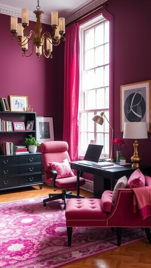 A stylish home office with plum walls and pink accents showcasing a cozy and vibrant atmosphere.