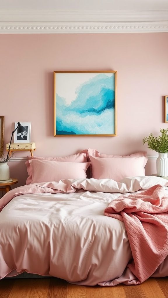 A beautifully styled bedroom featuring a turquoise wall art above a bed with dusty rose bedding.