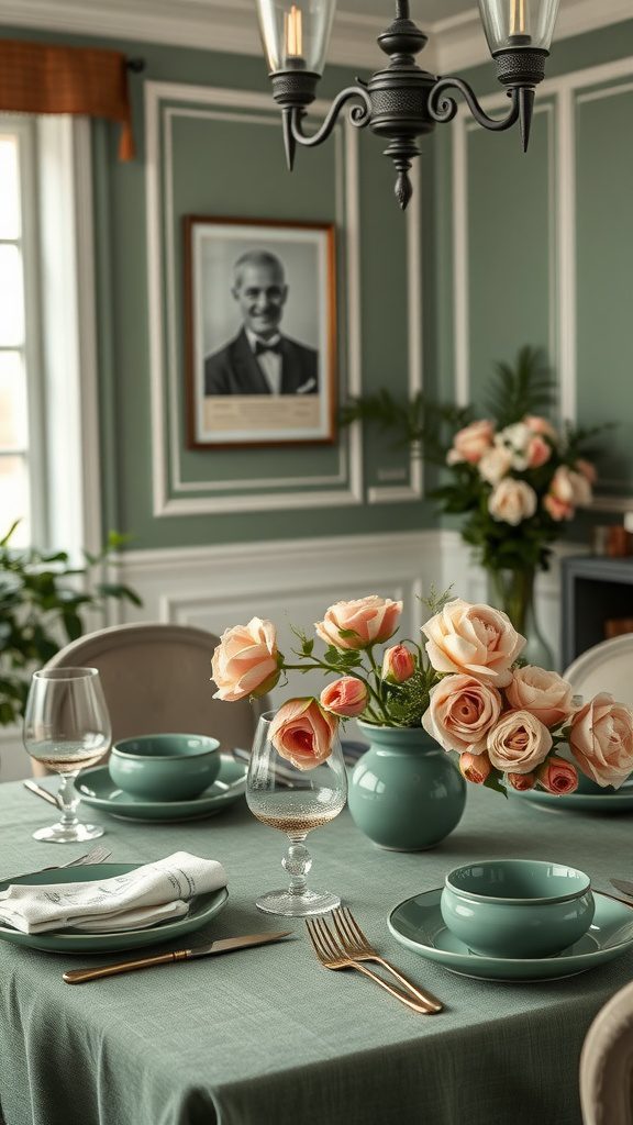 A dining setting with a dusty rose floral arrangement on a table adorned with green dishware, set against a hunter green wall.