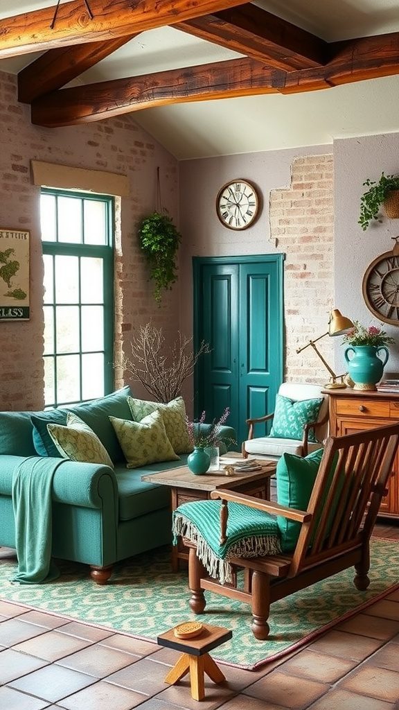 A cozy living room featuring emerald green decor and earthy brown furniture.