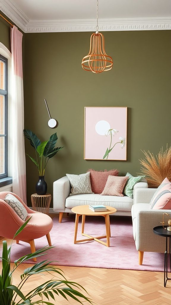 A stylish living room featuring earthy olive walls paired with pink accents.