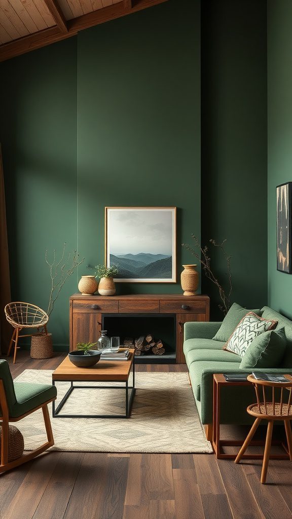 A living room featuring forest green walls, olive green furniture, and warm wooden accents.