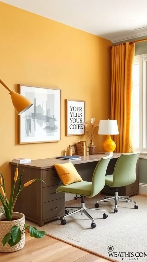 A cozy home office featuring mustard yellow walls and earthy olive green chairs.