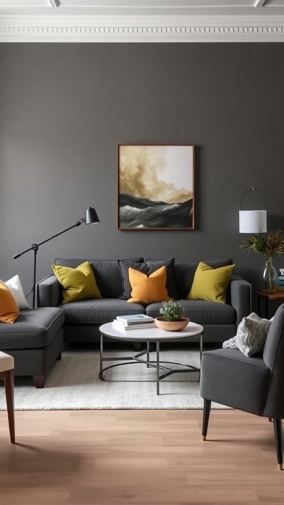 Living room featuring charcoal gray sofa with olive green and yellow accents.