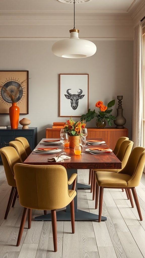 Dining room with burnt orange and olive green decor.
