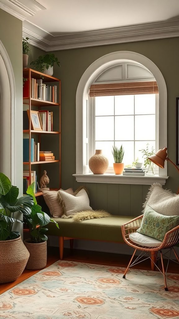 A cozy room featuring earthy olive green walls, copper accents, and plants.