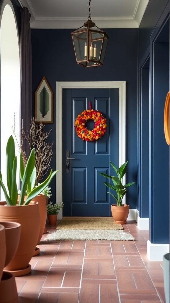 A welcoming hallway featuring a navy blue door, terracotta pots, and green plants.