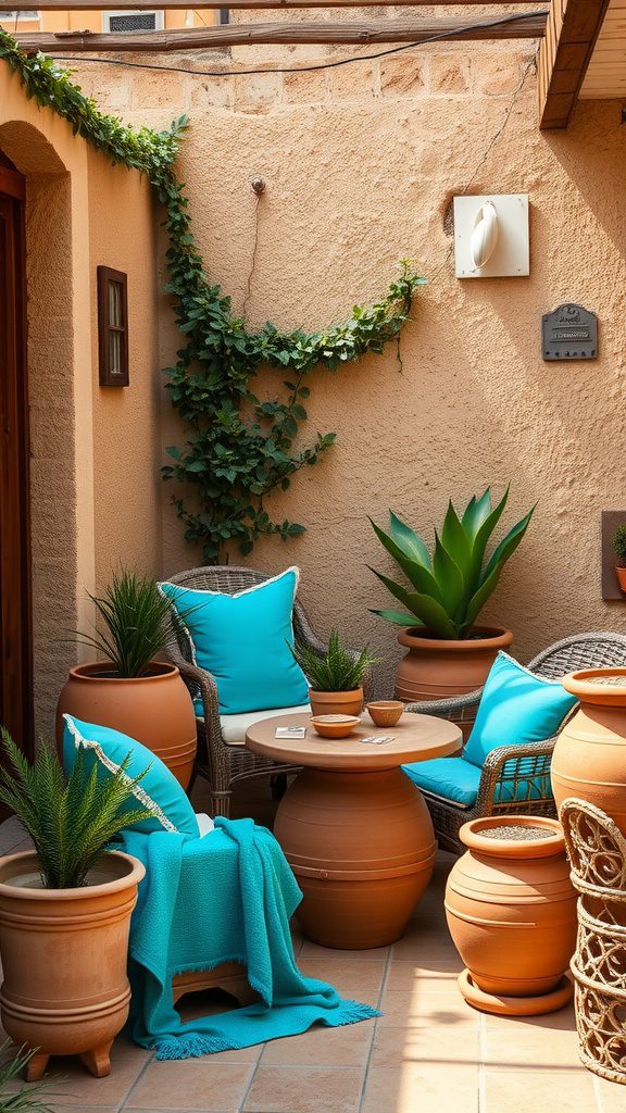 A cozy outdoor seating area with turquoise cushions and terracotta pots, surrounded by greenery.