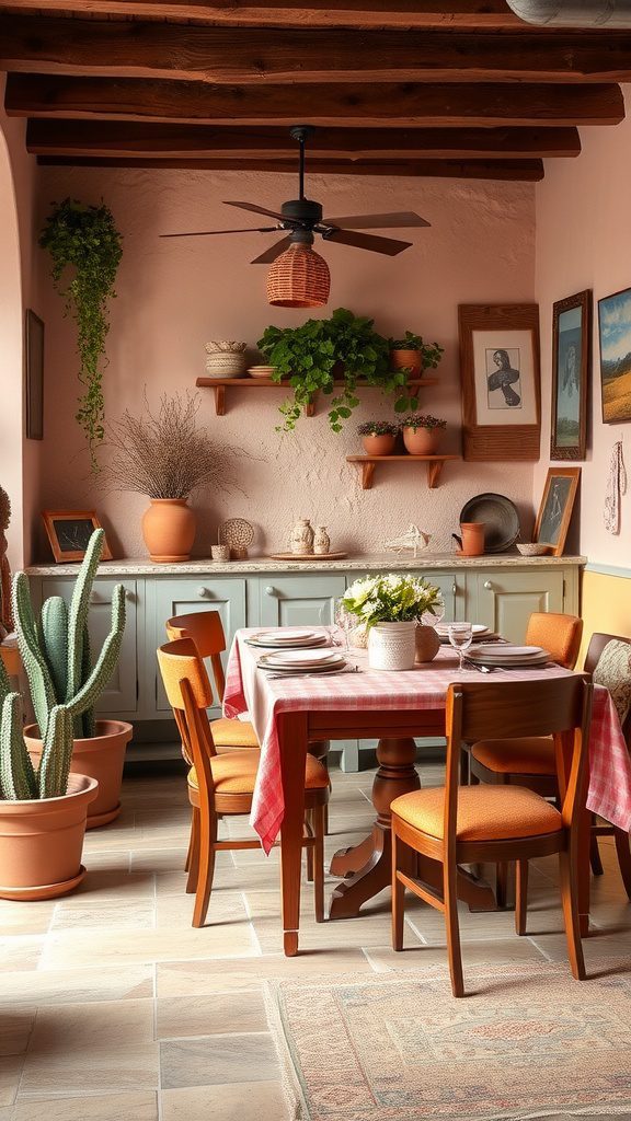 A cozy dining area with pink walls and terracotta accents, featuring plants and a rustic wooden table.