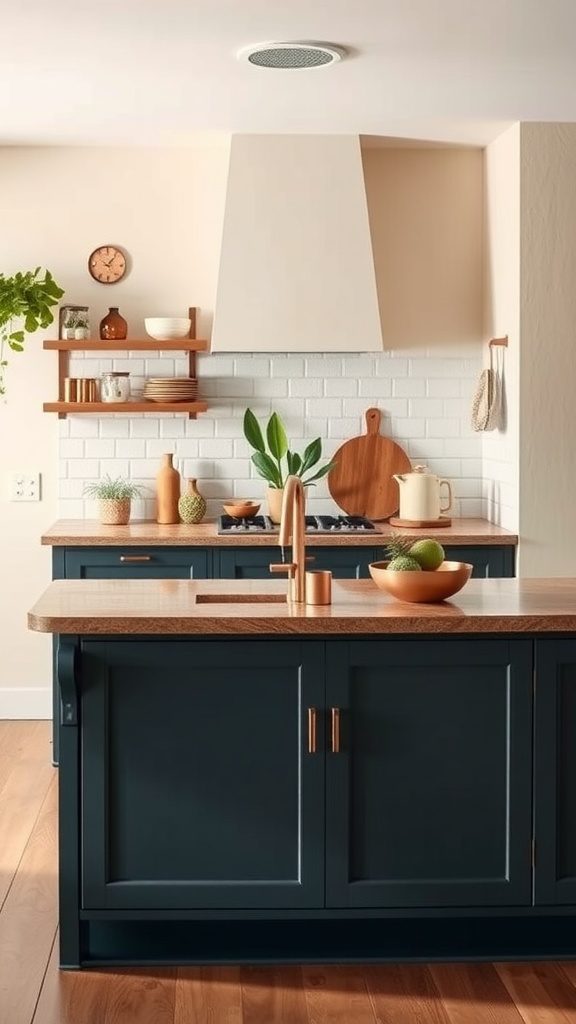A modern kitchen featuring blue cabinets, wooden countertops, and terracotta decor accents.