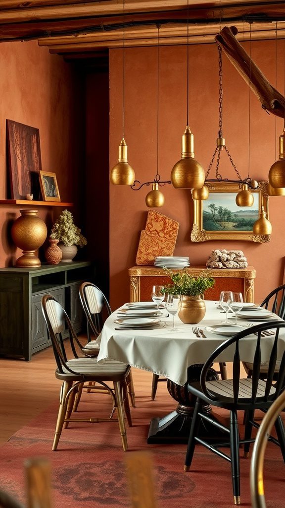 A warm dining area with terracotta walls and gold accents, featuring a dining table and decorative elements.