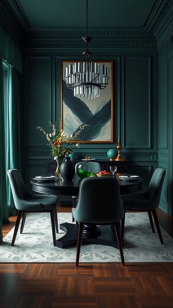 A dining area featuring emerald green walls and black furniture with a chandelier.