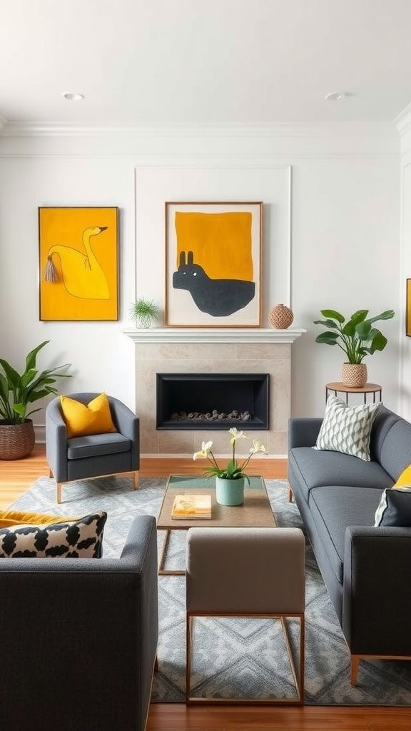 Living room with charcoal furniture and mustard yellow accents