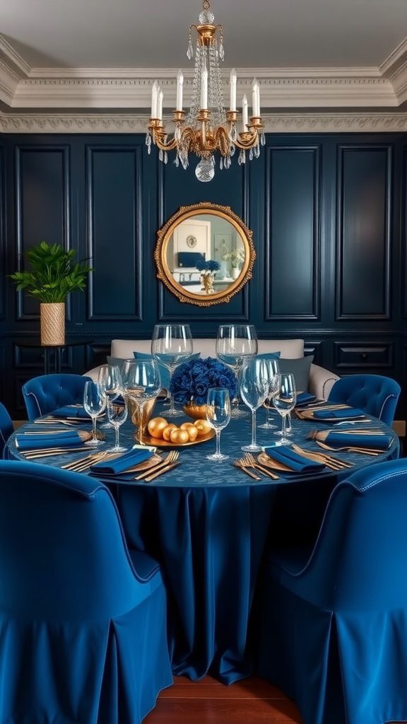 A dining room decorated in navy blue with gold accents, featuring a round table set elegantly.