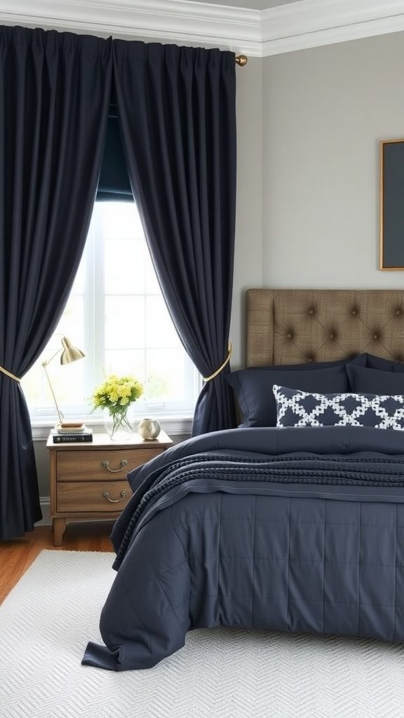 A cozy bedroom featuring navy blue curtains and bedding complemented by a charcoal gray wall.