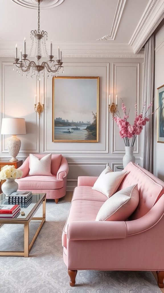 A stylish living room featuring pink furniture with silver accents.