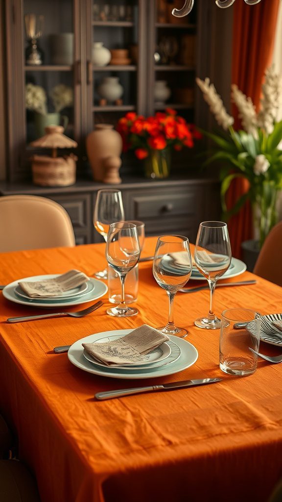 A beautifully set table with an orange tablecloth and silver accents.