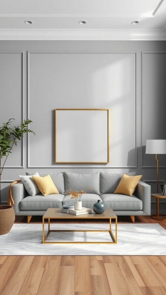 Living room featuring a silver gray sofa, gold accents, and warm wooden flooring.