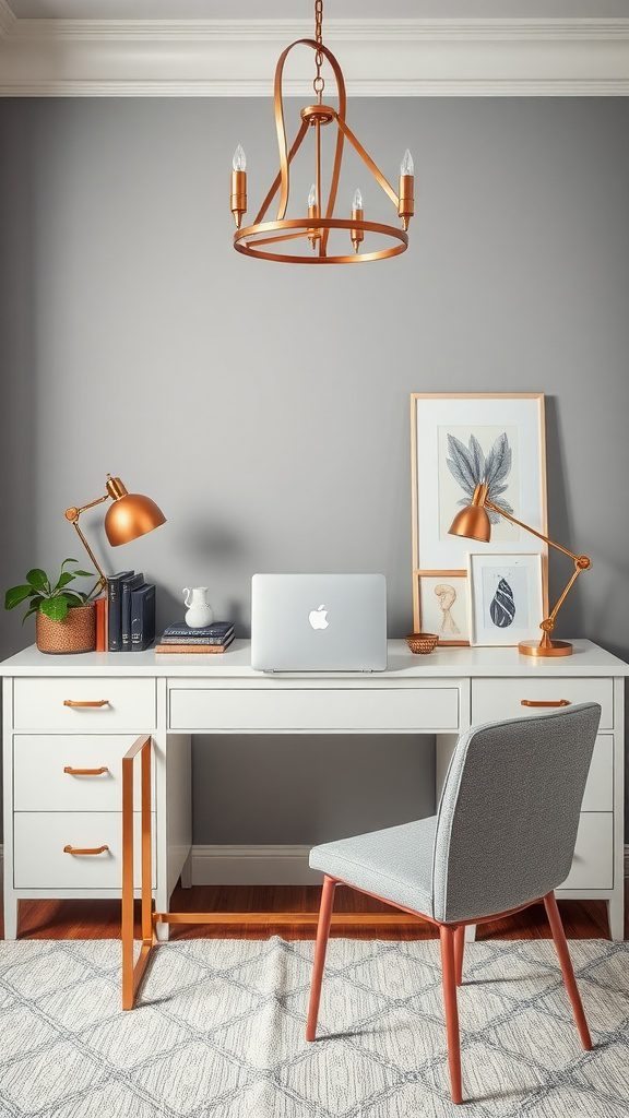 A stylish home office with a copper chandelier, gray walls, and a white desk.