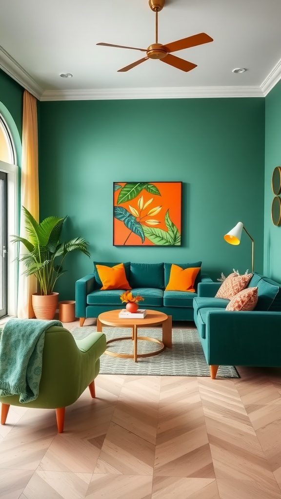 A vibrant living room featuring forest green walls and energetic orange accents.
