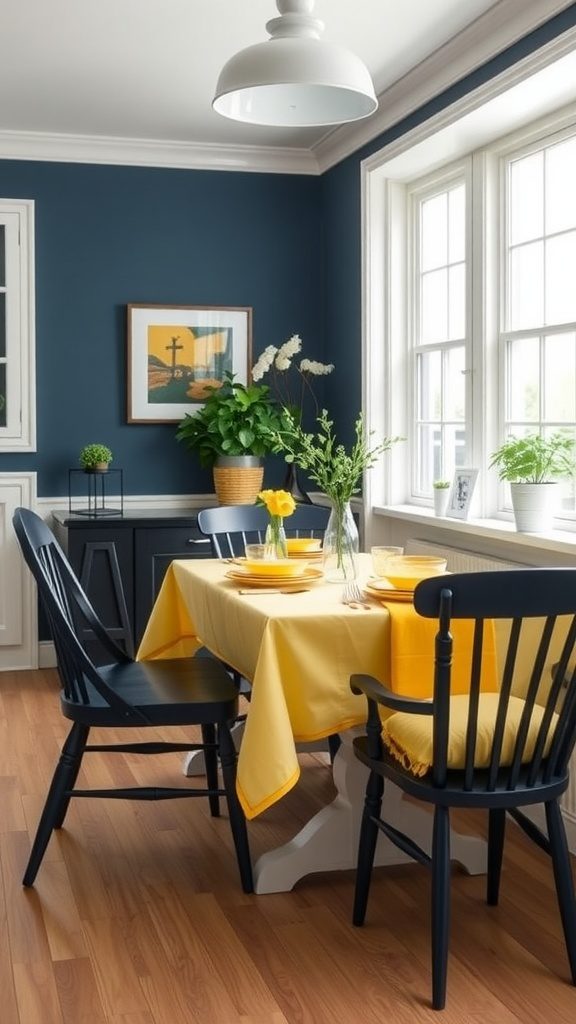 A dining area with navy blue walls and a lemon yellow tablecloth, showcasing a bright and inviting atmosphere.