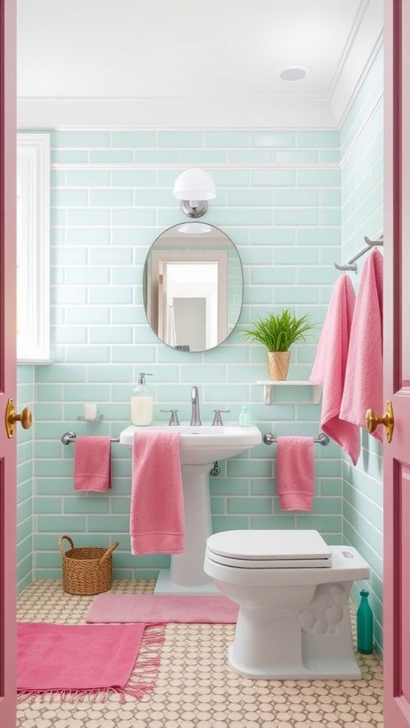 A bathroom featuring fresh mint tiles and pink accessories, showcasing a playful color pairing.