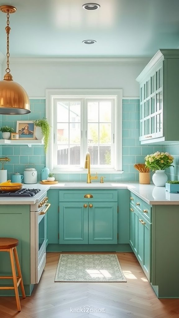 A bright kitchen featuring mint green cabinets and gold accents.